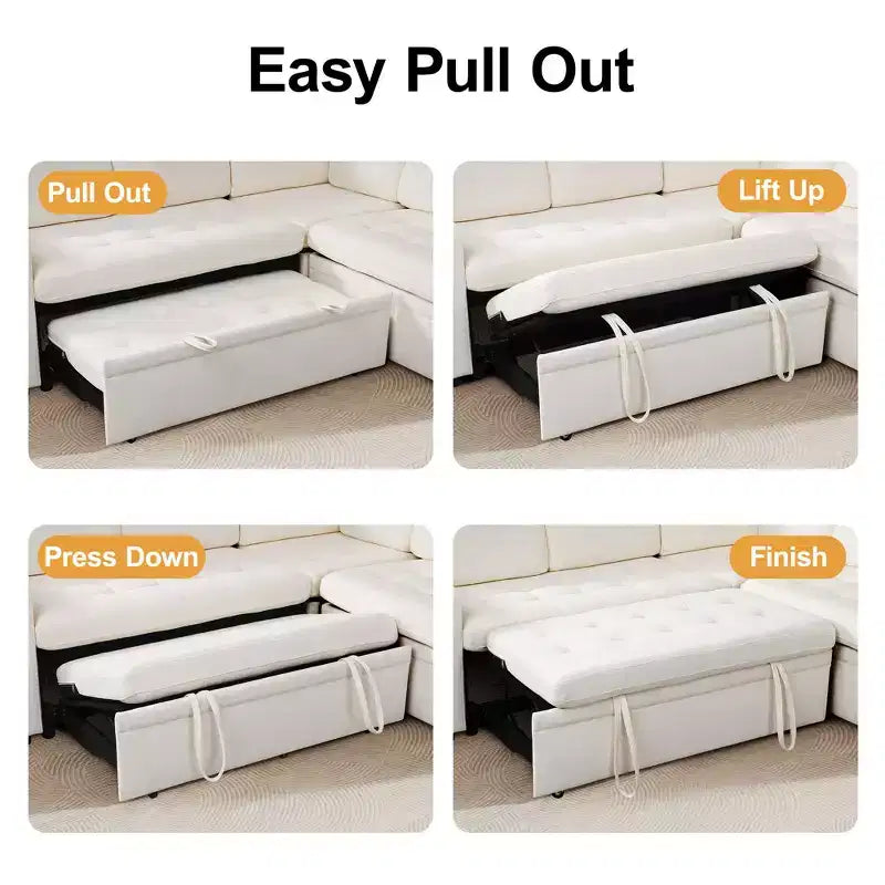 Dyonery 8 Seat U-Shaped Modular Sectional Sleeper Sofa with Pull Out Bed/Reclining Backrest/USB Ports/LED Light Tool-Free Assembly,Chenille Beige