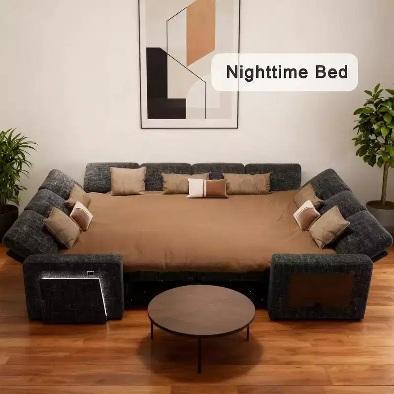 Dyonery 8 Seat U-Shaped Modular Sectional Sleeper Sofa with Pull Out Bed/Reclining Backrest/USB Ports/LED Light Tool-Free Assembly,Chenille Beige