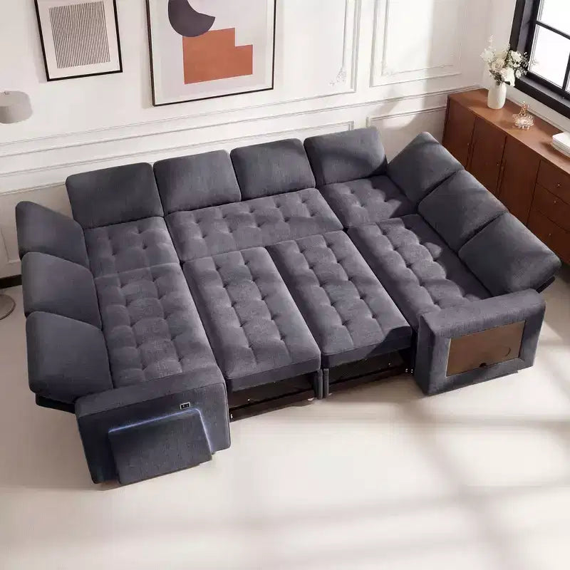 Dyonery 8 Seat U-Shaped Modular Sectional Sleeper Sofa with Pull Out Bed/Reclining Backrest/USB Ports/LED Light Tool-Free Assembly,Chenille Beige
