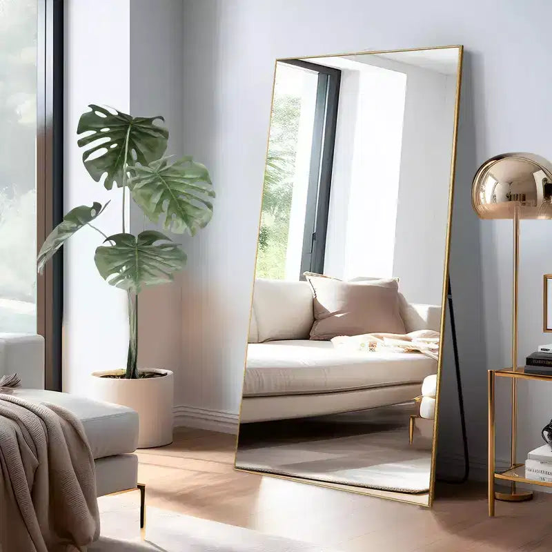 Specchio a figura intera da 150 cm, cornice rettangolare in lega di alluminio con staffa, oro