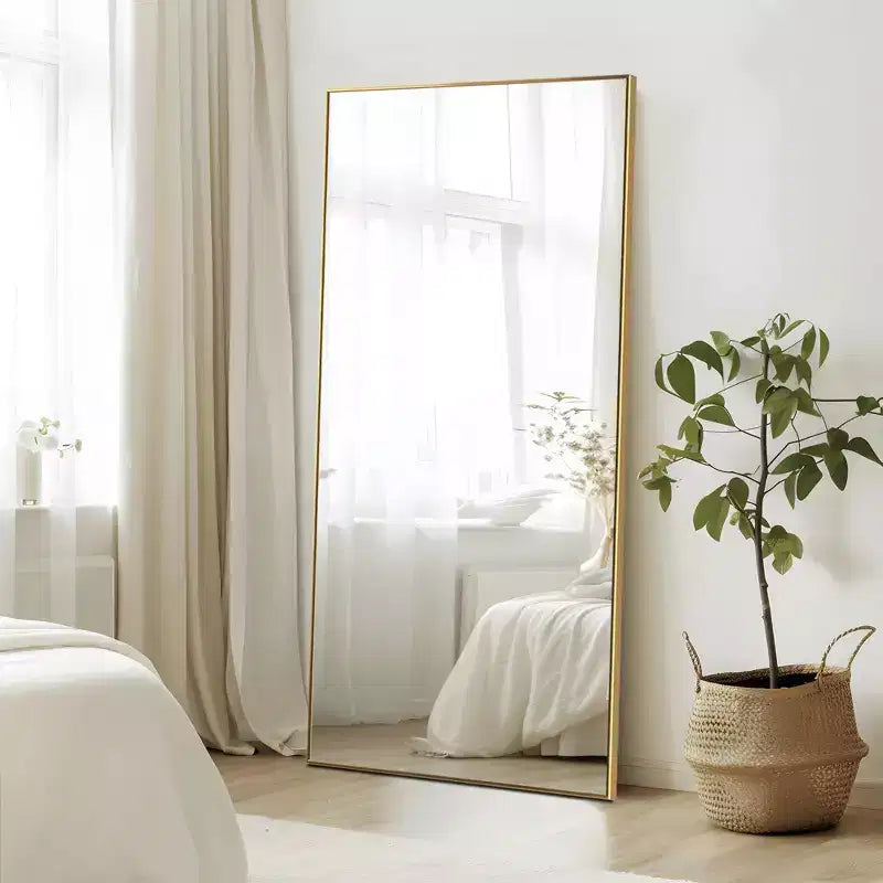 Specchio a figura intera da 150 cm, cornice rettangolare in lega di alluminio con staffa, oro