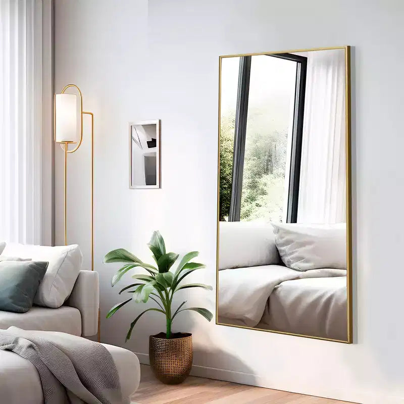 Specchio a figura intera da 150 cm, cornice rettangolare in lega di alluminio con staffa, oro