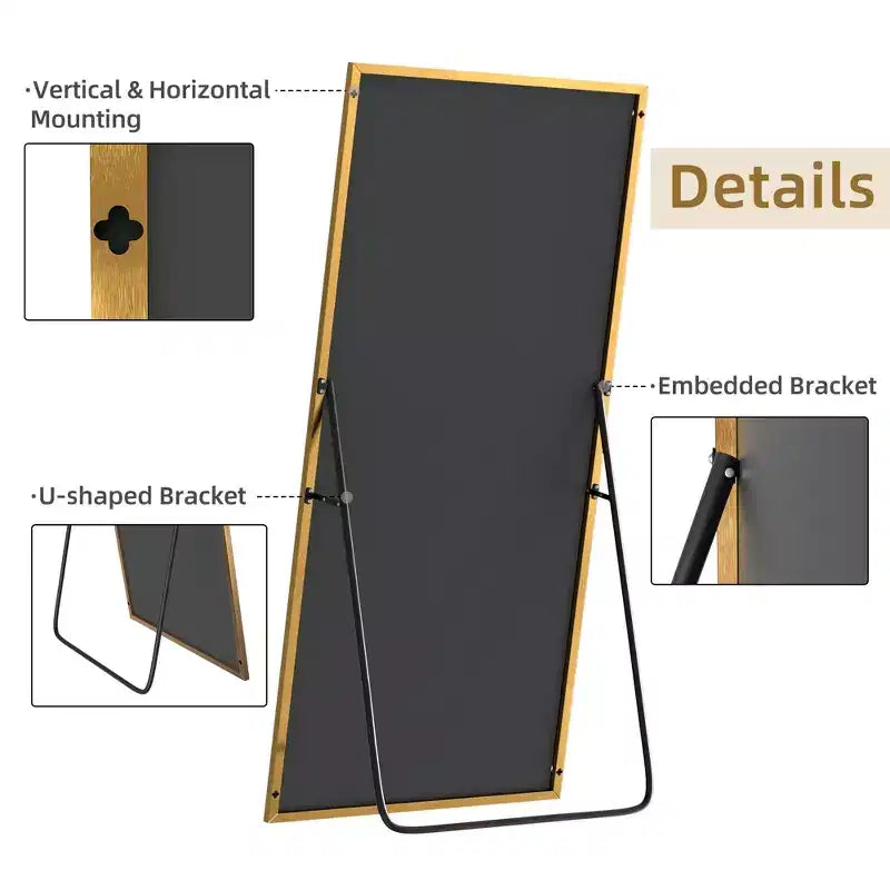 Specchio a figura intera da 150 cm, cornice rettangolare in lega di alluminio con staffa, oro