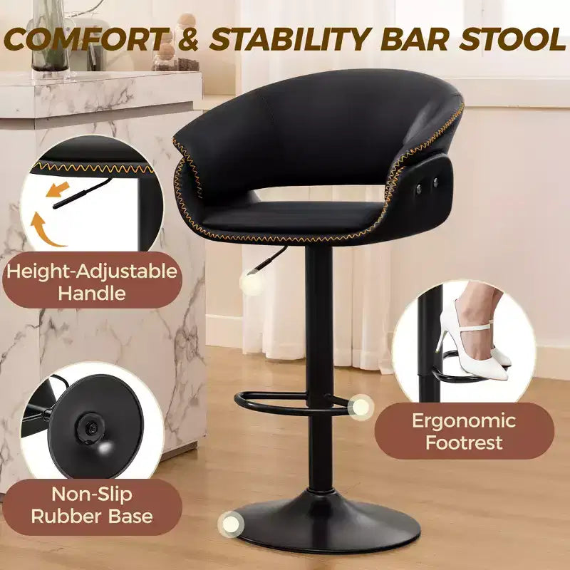 KERDOM Bar Stools Set of 4, Modern Adjustable Swivel Bar Chairs, Faux Leather Upholstered Adjustable Height for Living Room, Black