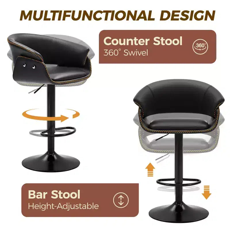 KERDOM Bar Stools Set of 4, Modern Adjustable Swivel Bar Chairs, Faux Leather Upholstered Adjustable Height for Living Room, Black