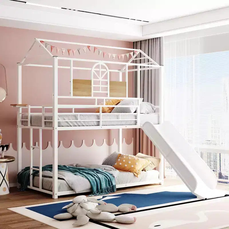 Letto a Castello Casa con Scivolo, Scala e Ringhiere, Bianco