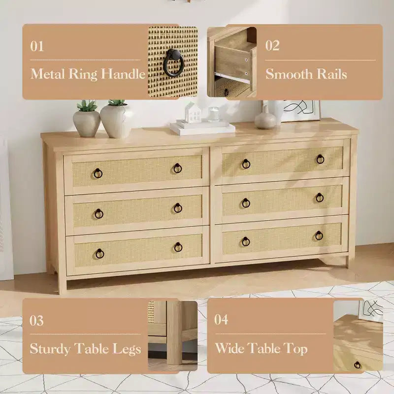 7 Drawer Rattan Dresser,Boho Dresser for Bedroom,Chest of Drawers,Closet Organizer,Natural Wood Dressers Chest for Bedroom,Living Room,Entryway