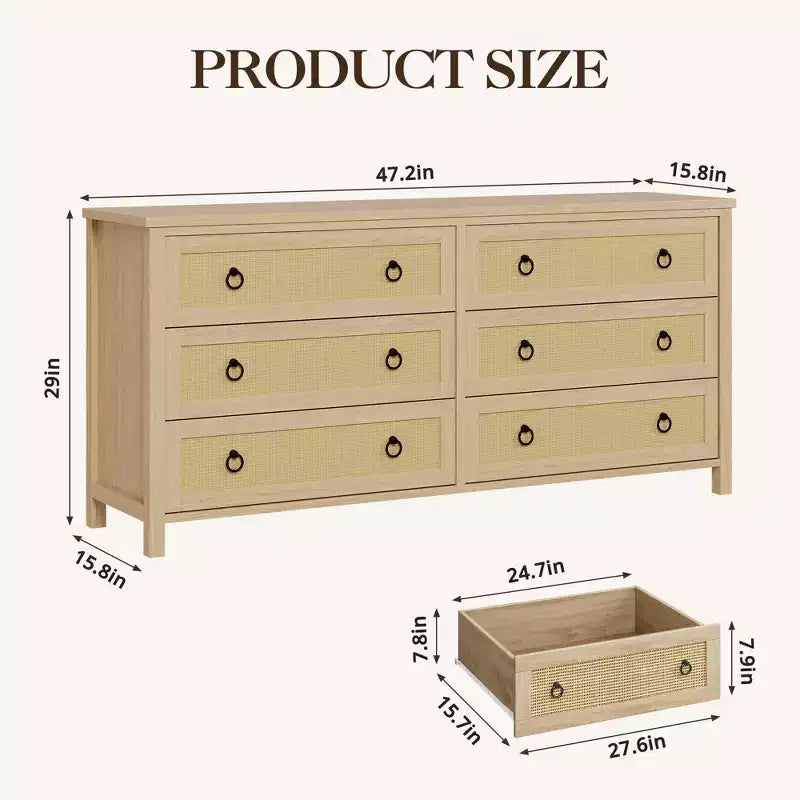 7 Drawer Rattan Dresser,Boho Dresser for Bedroom,Chest of Drawers,Closet Organizer,Natural Wood Dressers Chest for Bedroom,Living Room,Entryway