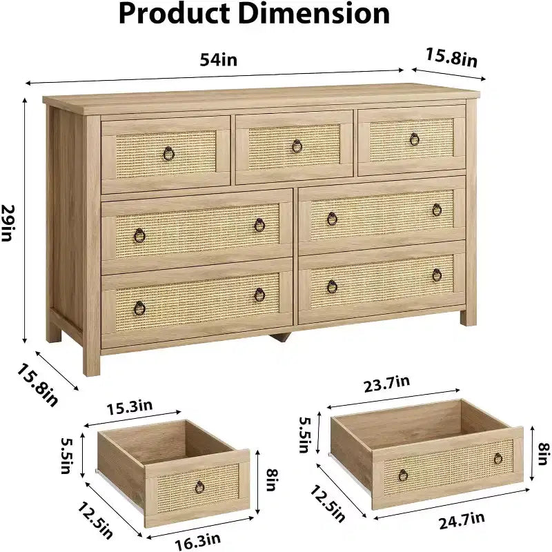 7 Drawer Rattan Dresser,Boho Dresser for Bedroom,Chest of Drawers,Closet Organizer,Natural Wood Dressers Chest for Bedroom,Living Room,Entryway