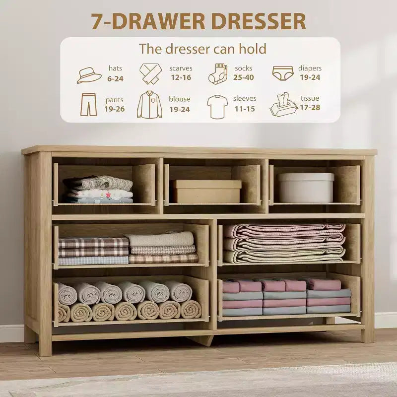 7 Drawer Rattan Dresser,Boho Dresser for Bedroom,Chest of Drawers,Closet Organizer,Natural Wood Dressers Chest for Bedroom,Living Room,Entryway