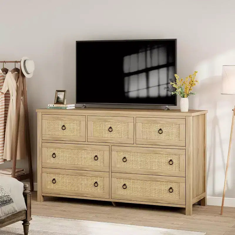 7 Drawer Rattan Dresser,Boho Dresser for Bedroom,Chest of Drawers,Closet Organizer,Natural Wood Dressers Chest for Bedroom,Living Room,Entryway