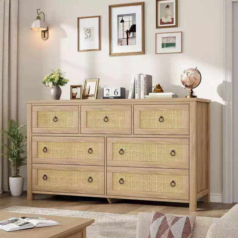 7 Drawer Rattan Dresser,Boho Dresser for Bedroom,Chest of Drawers,Closet Organizer,Natural Wood Dressers Chest for Bedroom,Living Room,Entryway