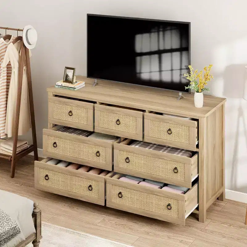 7 Drawer Rattan Dresser,Boho Dresser for Bedroom,Chest of Drawers,Closet Organizer,Natural Wood Dressers Chest for Bedroom,Living Room,Entryway