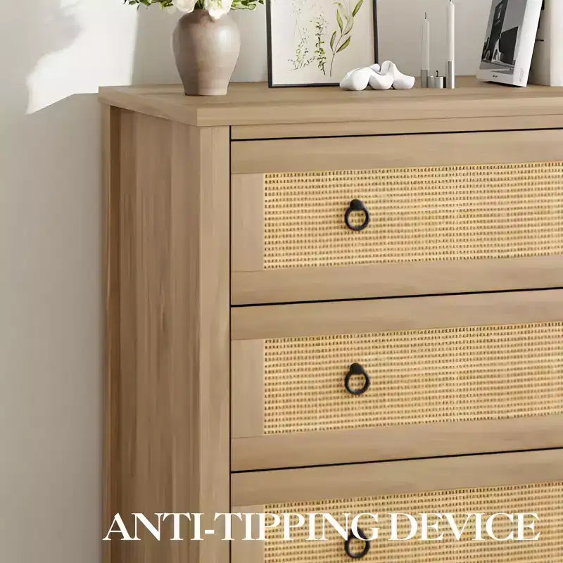 7 Drawer Rattan Dresser,Boho Dresser for Bedroom,Chest of Drawers,Closet Organizer,Natural Wood Dressers Chest for Bedroom,Living Room,Entryway