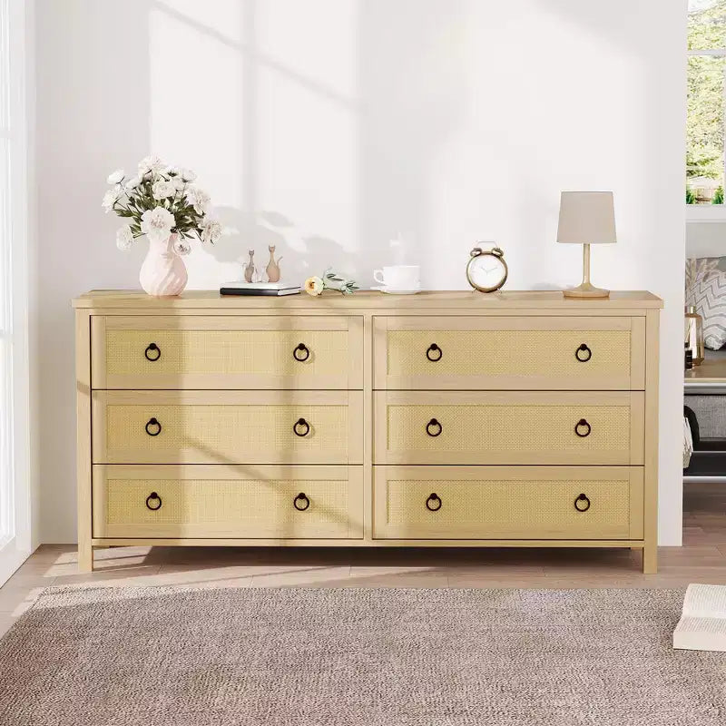 7 Drawer Rattan Dresser,Boho Dresser for Bedroom,Chest of Drawers,Closet Organizer,Natural Wood Dressers Chest for Bedroom,Living Room,Entryway