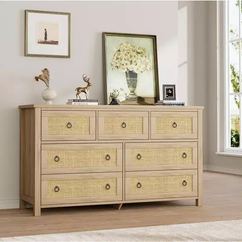 7 Drawer Rattan Dresser,Boho Dresser for Bedroom,Chest of Drawers,Closet Organizer,Natural Wood Dressers Chest for Bedroom,Living Room,Entryway