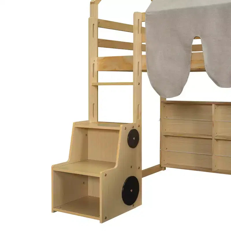 Lit cabane Polibi Loft avec toboggan, tente baldaquin et rangement intégré