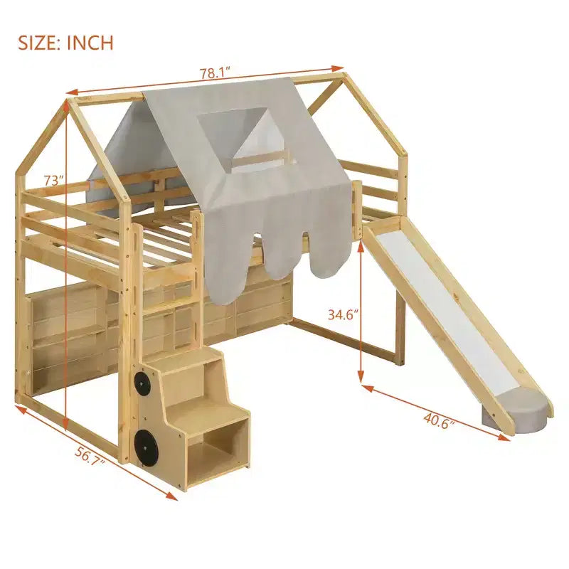 Lit cabane Polibi Loft avec toboggan, tente baldaquin et rangement intégré