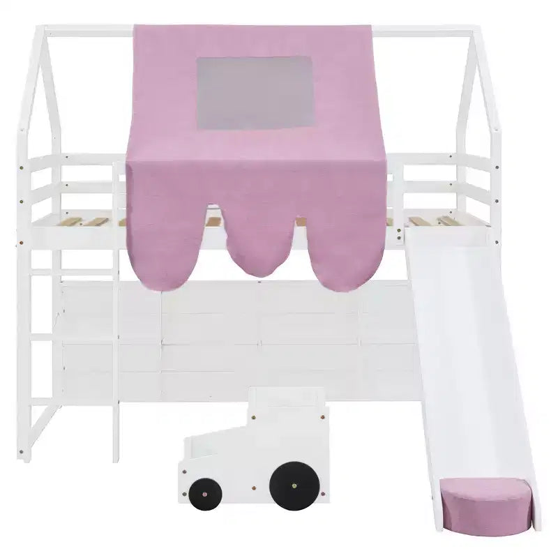Lit cabane Polibi Loft avec toboggan, tente baldaquin et rangement intégré