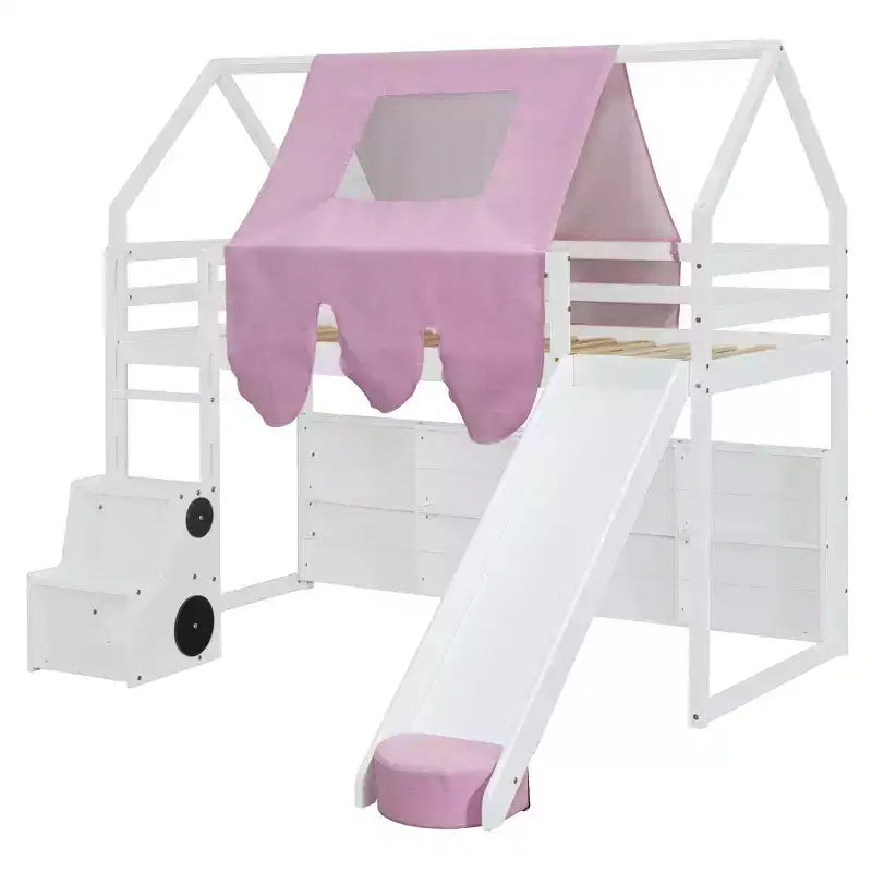 Lit cabane Polibi Loft avec toboggan, tente baldaquin et rangement intégré