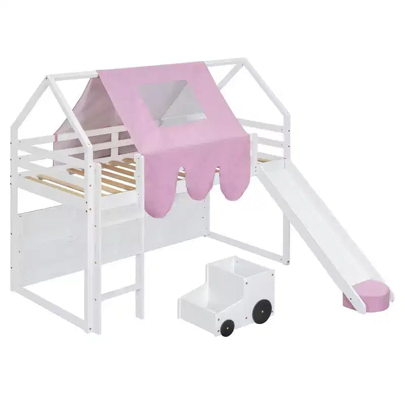 Lit cabane Polibi Loft avec toboggan, tente baldaquin et rangement intégré