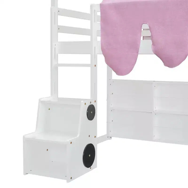 Lit cabane Polibi Loft avec toboggan, tente baldaquin et rangement intégré