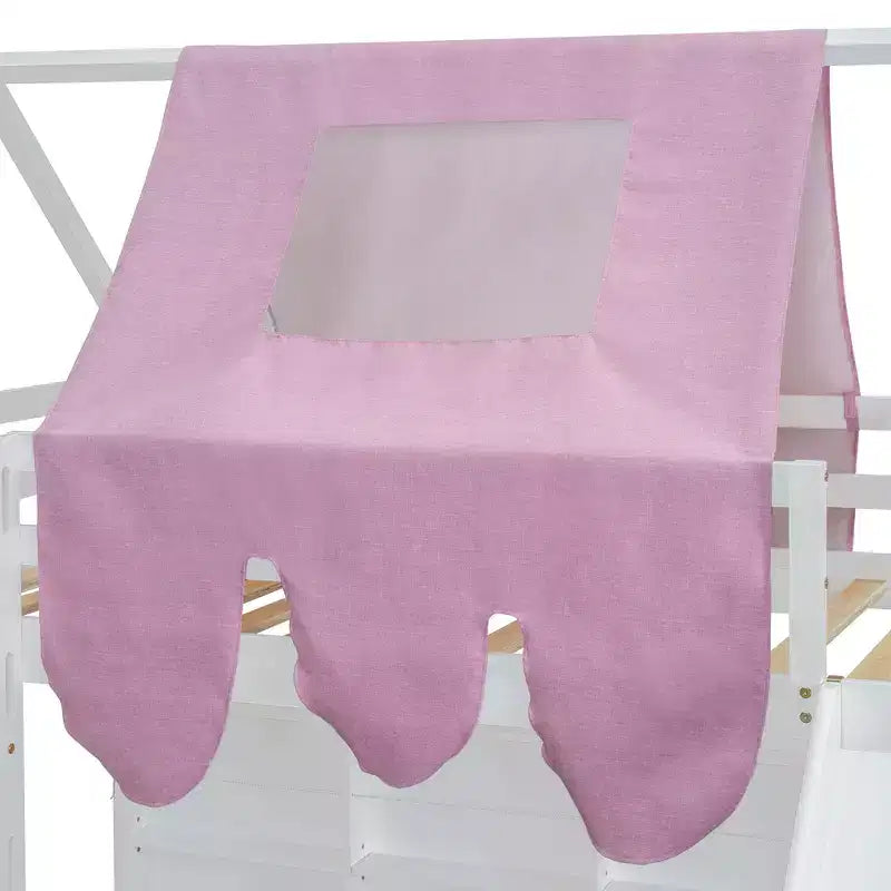 Lit cabane Polibi Loft avec toboggan, tente baldaquin et rangement intégré
