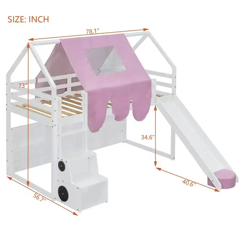 Lit cabane Polibi Loft avec toboggan, tente baldaquin et rangement intégré