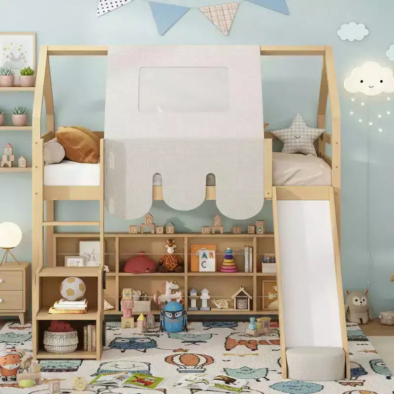 Lit cabane Polibi Loft avec toboggan, tente baldaquin et rangement intégré