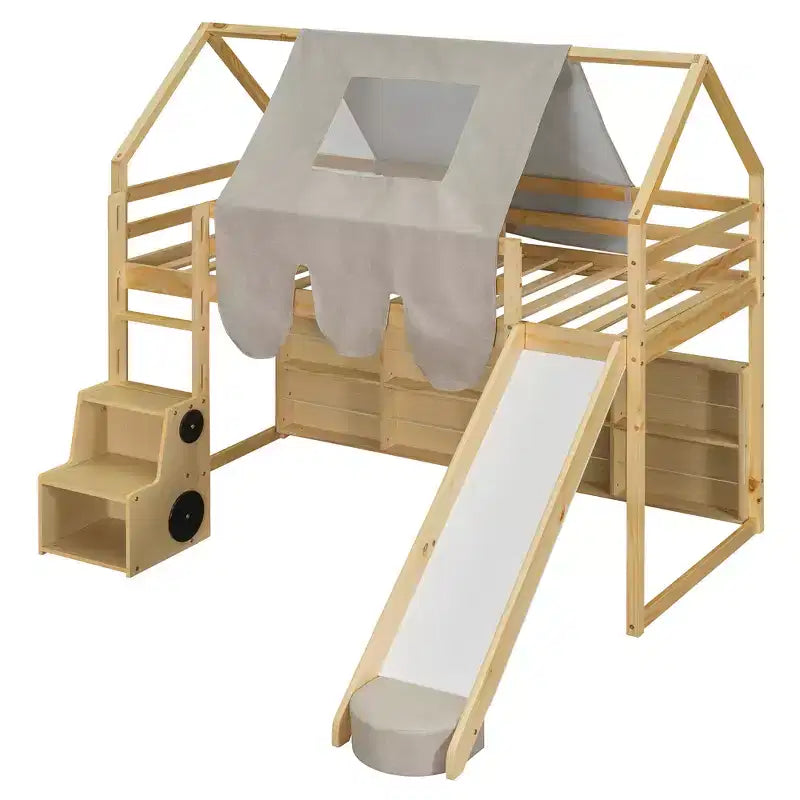 Lit cabane Polibi Loft avec toboggan, tente baldaquin et rangement intégré