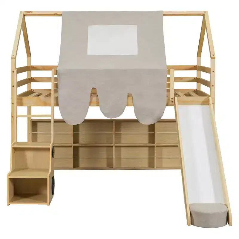 Polibi Loft Playhouse Bed with Slide, Tent Canopy & Built-in Storage