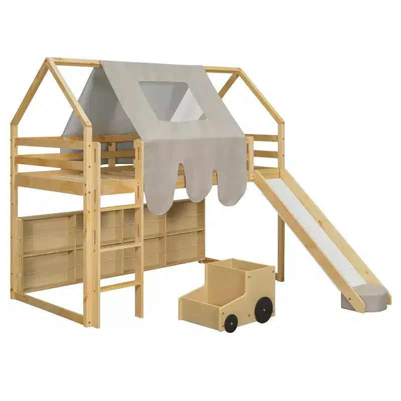 Lit cabane Polibi Loft avec toboggan, tente baldaquin et rangement intégré