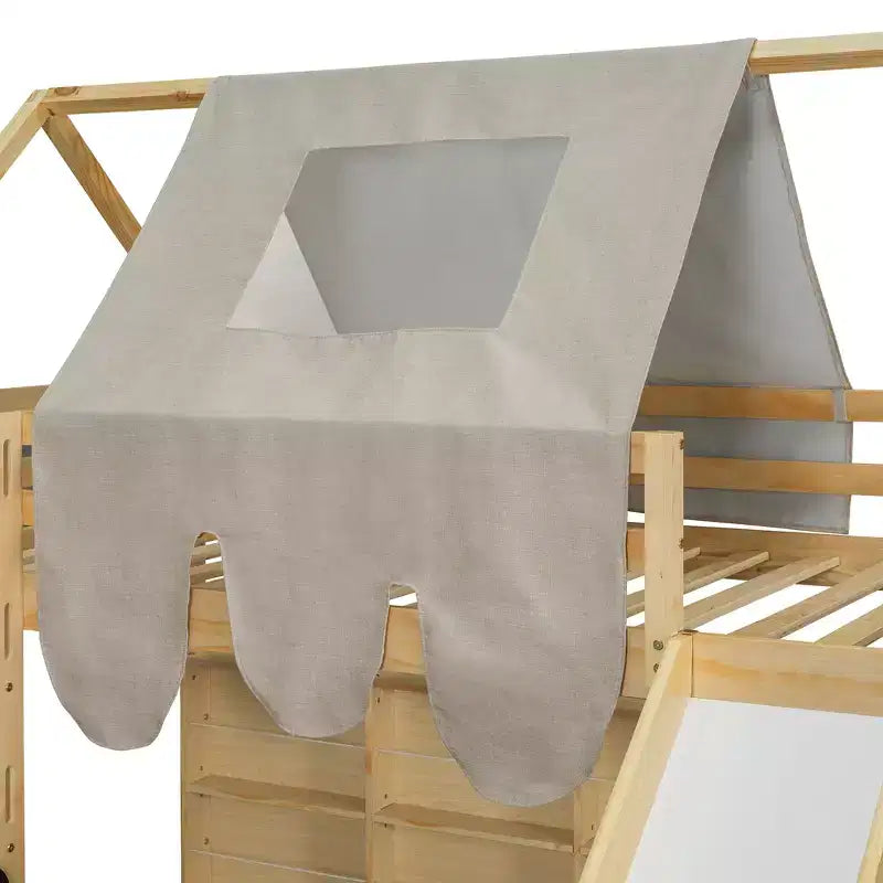 Lit cabane Polibi Loft avec toboggan, tente baldaquin et rangement intégré