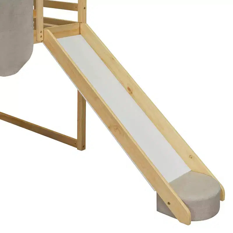 Lit cabane Polibi Loft avec toboggan, tente baldaquin et rangement intégré