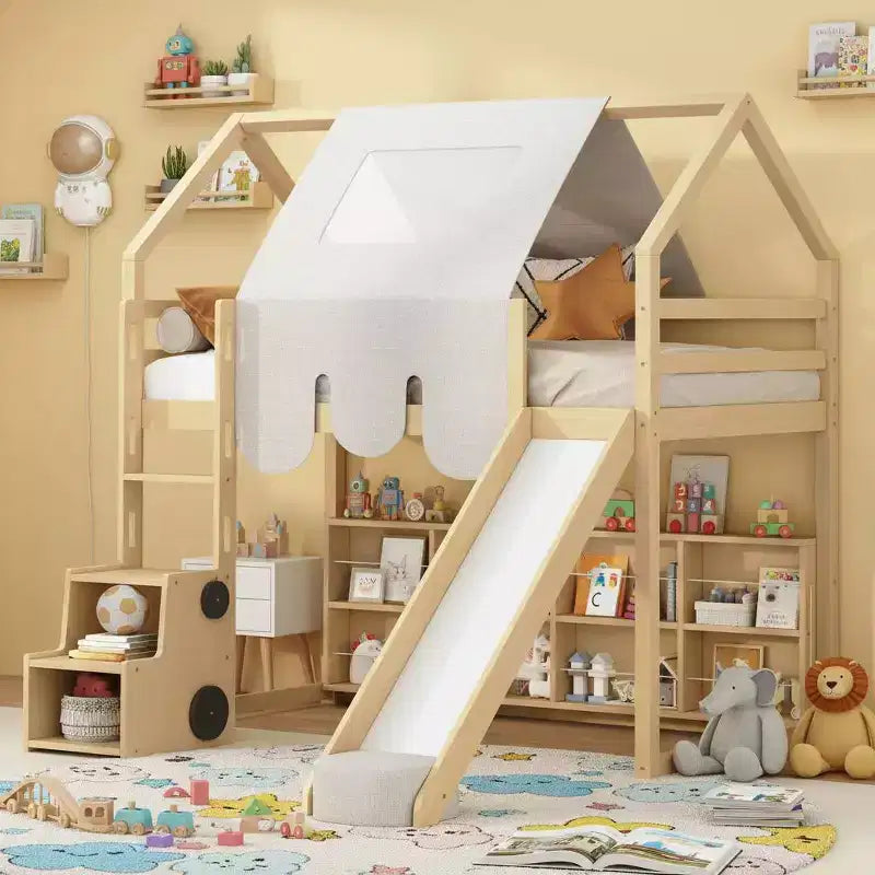 Polibi Loft Playhouse Bed with Slide, Tent Canopy & Built-in Storage