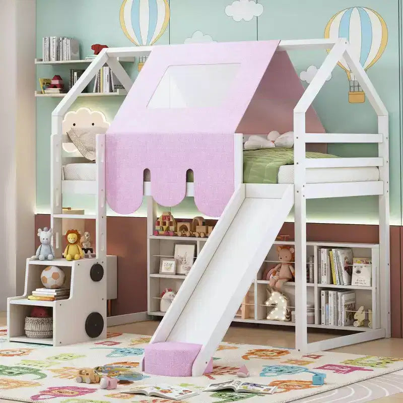 Polibi Loft Playhouse Bed with Slide, Tent Canopy & Built-in Storage