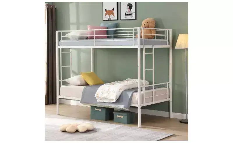 Letto a castello singolo su singolo con 2 scale laterali e sponda di sicurezza a tutta lunghezza, bianco