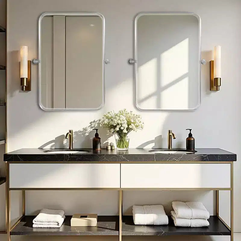 PexFix 36 x 24 Miroir mural pivotant rectangulaire en fer argenté, miroir de salle de bain inclinable, cadre métallique, miroir bidirectionnel réglable pour chambre et salon