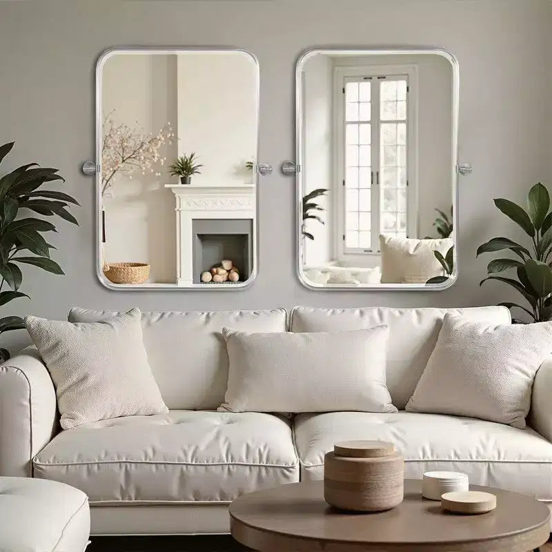 PexFix 36 x 24 Miroir mural pivotant rectangulaire en fer argenté, miroir de salle de bain inclinable, cadre métallique, miroir bidirectionnel réglable pour chambre et salon