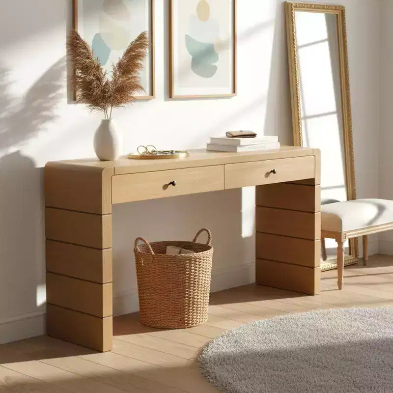 Homy Casa Console Table with Storage Drawers and Solid Panel Base for Entryway or Living Room, Oak