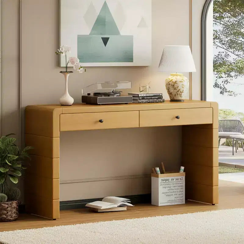 Homy Casa Console Table with Storage Drawers and Solid Panel Base for Entryway or Living Room, Oak