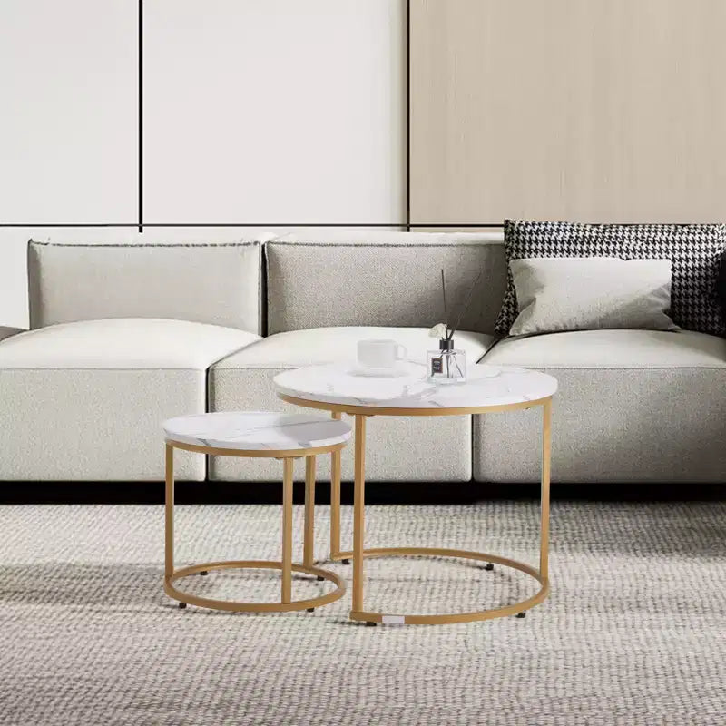 VEVOR Nesting Coffee Table Set of 2, 23.6 in Round Coffee Table, Nesting Tables for Small Place, Vintage End Side Tables Night Stand, White & Gold