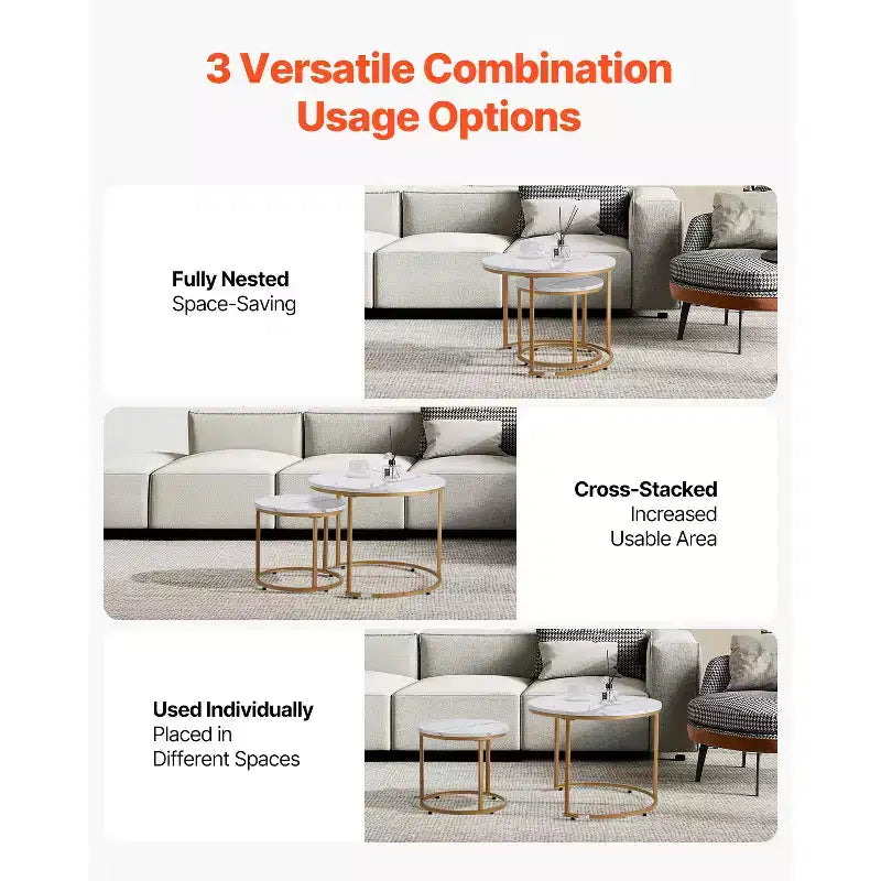 VEVOR Nesting Coffee Table Set of 2, 23.6 in Round Coffee Table, Nesting Tables for Small Place, Vintage End Side Tables Night Stand, White & Gold