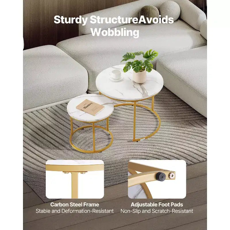 VEVOR Nesting Coffee Table Set of 2, 23.6 in Round Coffee Table, Nesting Tables for Small Place, Vintage End Side Tables Night Stand, White & Gold