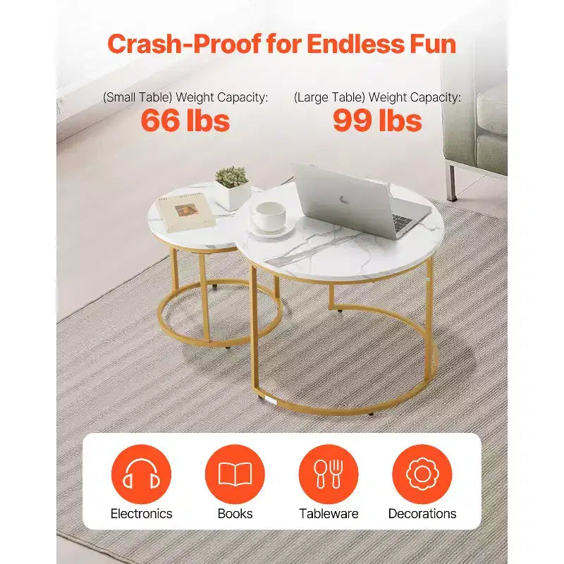 VEVOR Nesting Coffee Table Set of 2, 23.6 in Round Coffee Table, Nesting Tables for Small Place, Vintage End Side Tables Night Stand, White & Gold