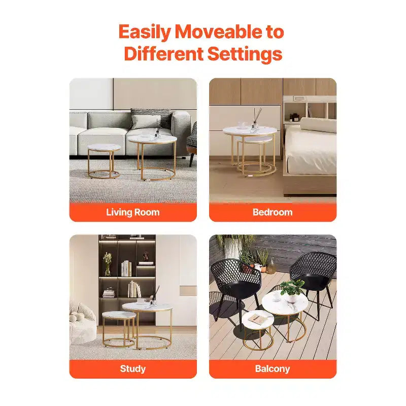 VEVOR Nesting Coffee Table Set of 2, 23.6 in Round Coffee Table, Nesting Tables for Small Place, Vintage End Side Tables Night Stand, White & Gold