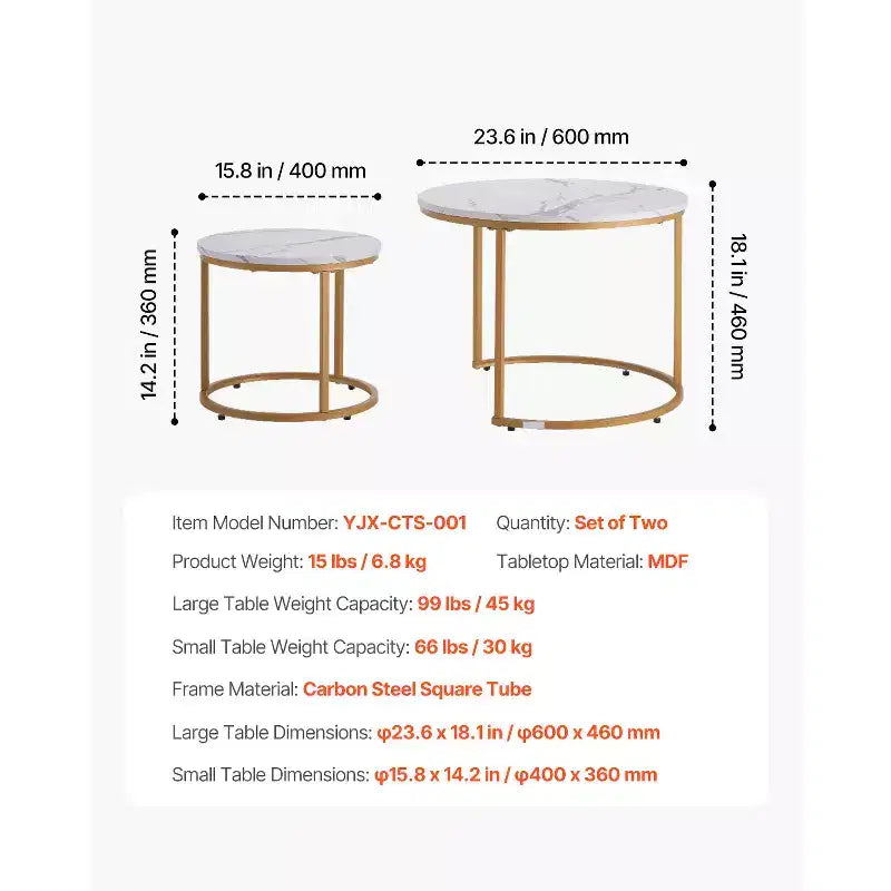 VEVOR Nesting Coffee Table Set of 2, 23.6 in Round Coffee Table, Nesting Tables for Small Place, Vintage End Side Tables Night Stand, White & Gold