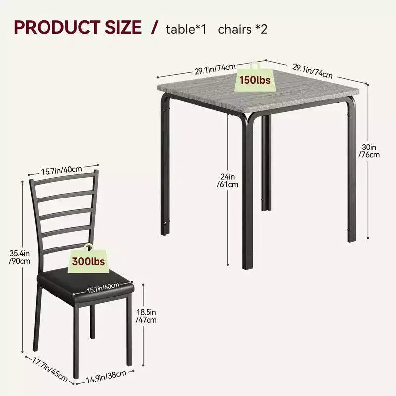 Dining Table with 2 Chairs, Dining Set with Padded Seat, Dining Table Set, Table Kitchen, Small Dining Table with Wood Grain, Metal Legs
