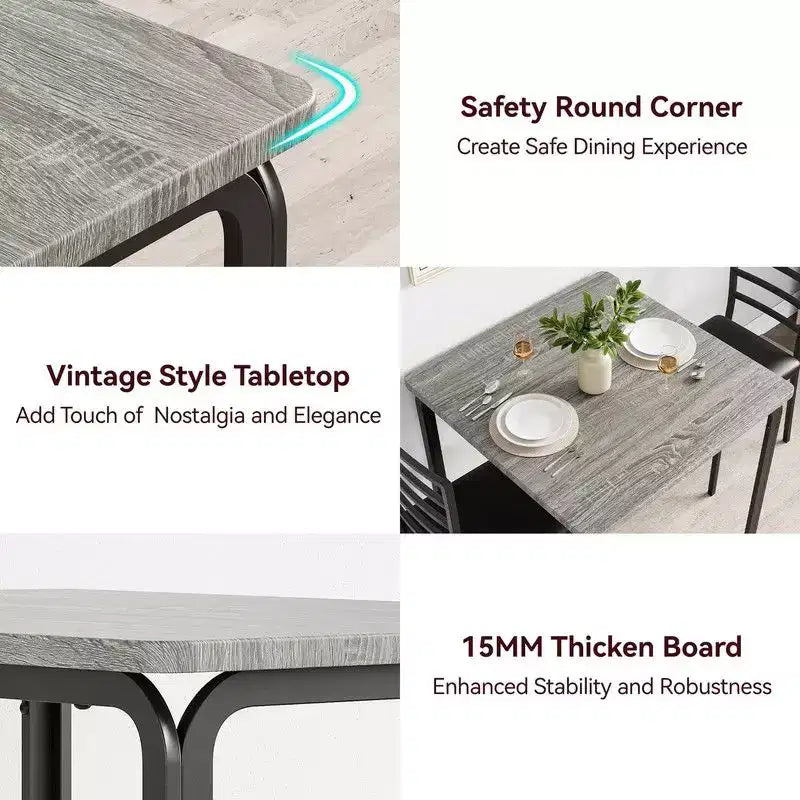 Dining Table with 2 Chairs, Dining Set with Padded Seat, Dining Table Set, Table Kitchen, Small Dining Table with Wood Grain, Metal Legs