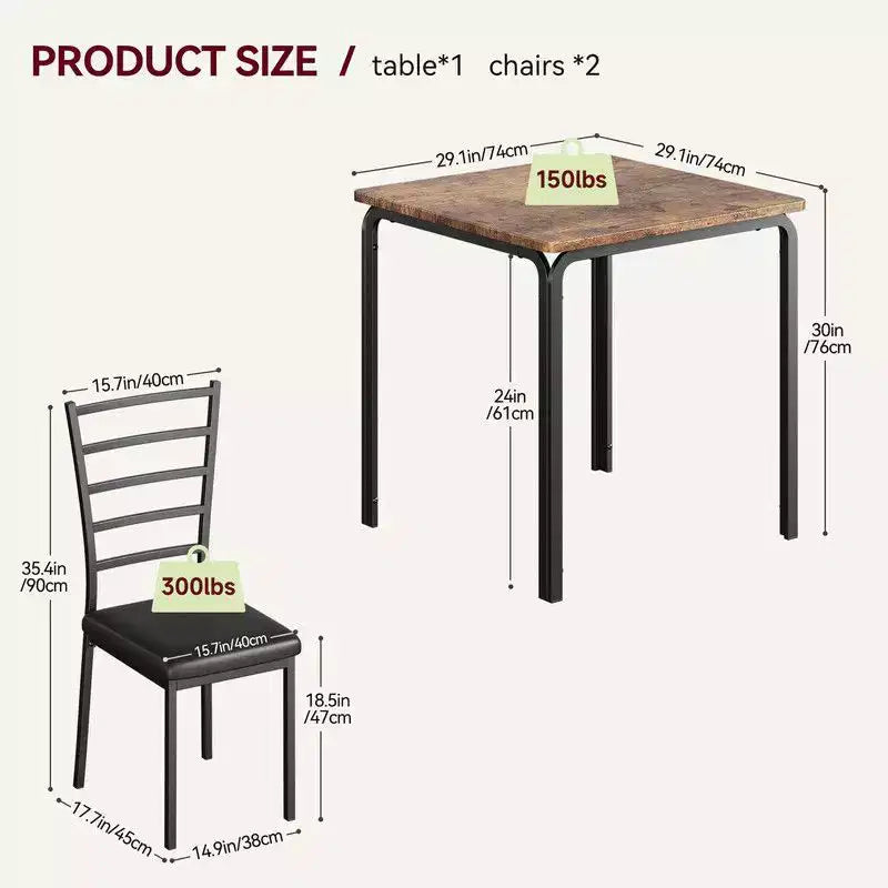 Dining Table with 2 Chairs, Dining Set with Padded Seat, Dining Table Set, Table Kitchen, Small Dining Table with Wood Grain, Metal Legs